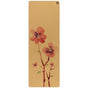 The Blossom Aura Cork Yoga Mat by Yoloha Yoga is a beige cushioned mat featuring a watercolor design of three pink flowers with green stems and leaves near the center.