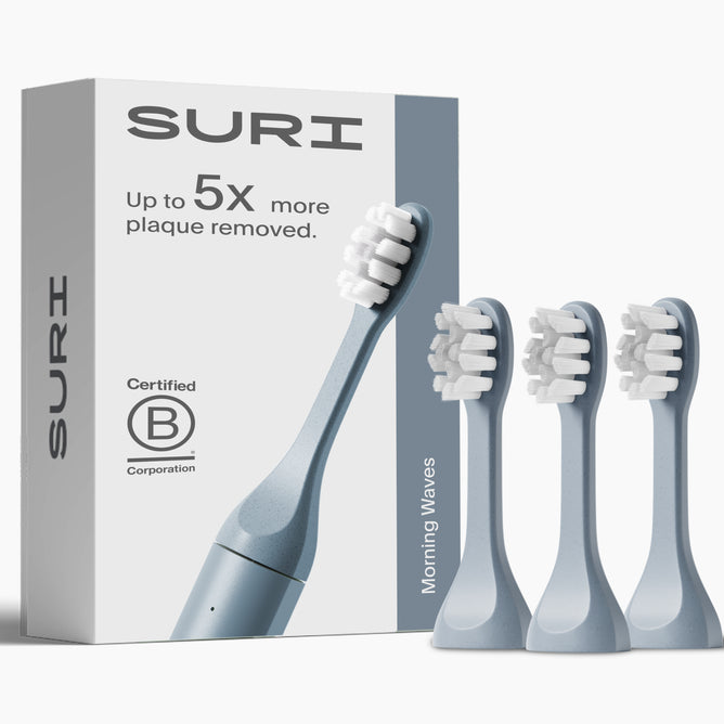 A box labeled SURI and 3x SURI Brush Replacement Heads stands next to four light blue recyclable toothbrush heads. The box also shows a Certified B Corporation logo and the words Morning Waves.