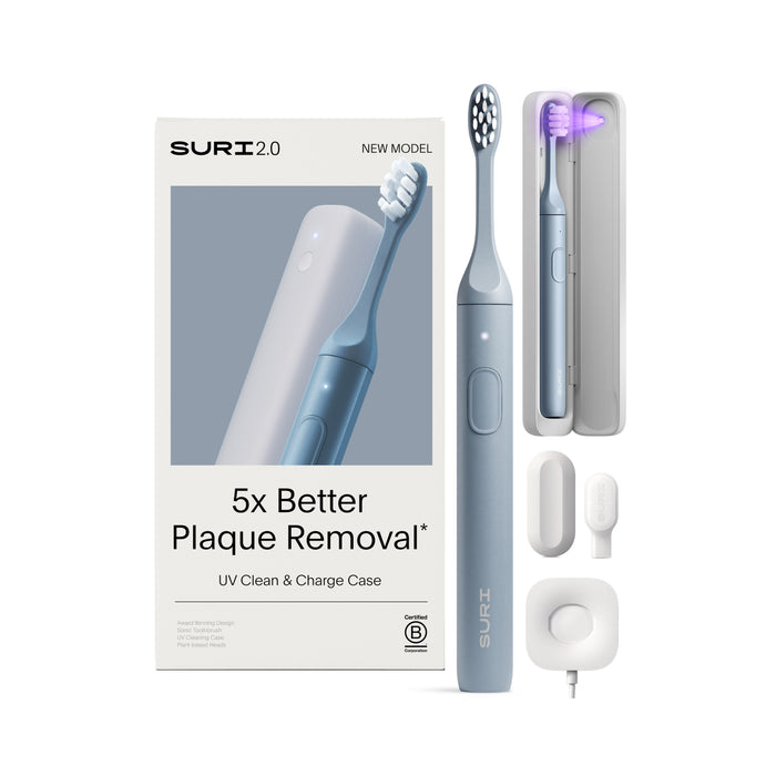 The SURI 2.0 Sonic Toothbrush with UV Travel Case, shown in blue with packaging, includes an extra brush head, charging cable, magnetic wall mount, and highlights 5x better plaque removal plus a UV Clean & Charge Case on the box.