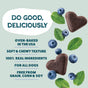 Two heart-shaped Shameless Pets Blueberried Treasure Soft-Baked Dog Treats are shown among blueberries and mint, with text noting these oven-baked treats feature real upcycled ingredients and contain no grain, corn, or soy.
