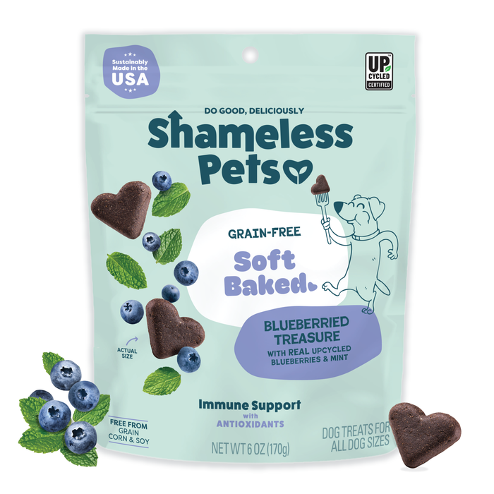 A bag of Shameless Pets Blueberried Treasure Soft-Baked Dog Treats features blueberries and mint, showcasing grain-free, immune support benefits and upcycled ingredients for a tasty, sustainable reward.