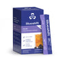 A box of Blueshift Nutrition Calm, a blackberry sage stress relief drink mix, displays a single stick packet and glass on the package. It highlights botanical adaptogen supplement ingredients for stress relief benefits.
