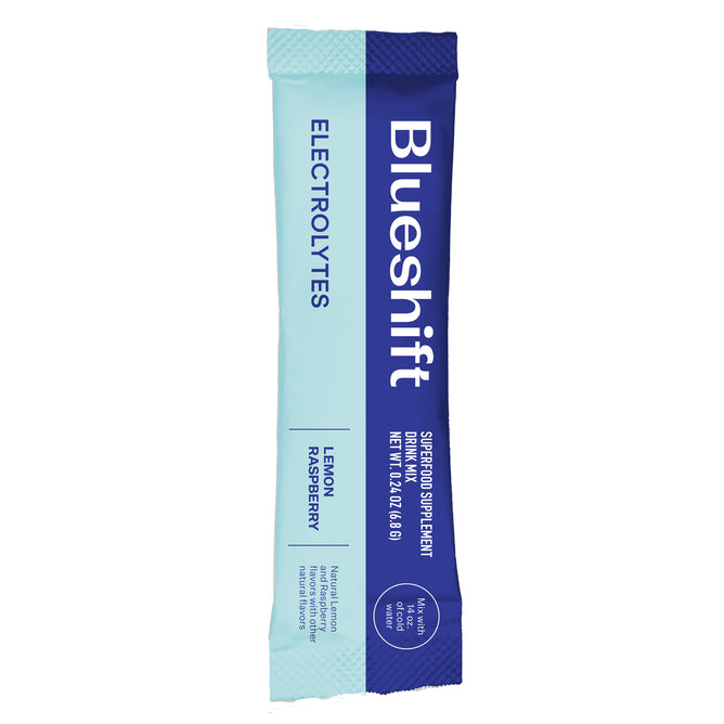 A single-serving stick pack of Blueshift Nutrition Electrolytes Drink Mix Powder Sample in lemon raspberry flavor, featuring a light and dark blue design with product name and pink Himalayan salt details on the front.