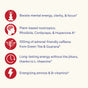 Blueshift Nutrition Energy + Focus: Five red icons highlight plant-based nootropics (Rhodiola, Cordyceps, Huperzine A), 100mg green tea & guarana caffeine, L-theanine for long-lasting energy, plus energizing aminos & B-vitamins.