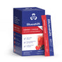 A box and stick packets of Blueshift Nutrition Energy + Focus nootropic drink, Forest Berry flavor, shown with a glass of berry-red drink and benefits like mental clarity, plant-based, and no added sugar highlighted.