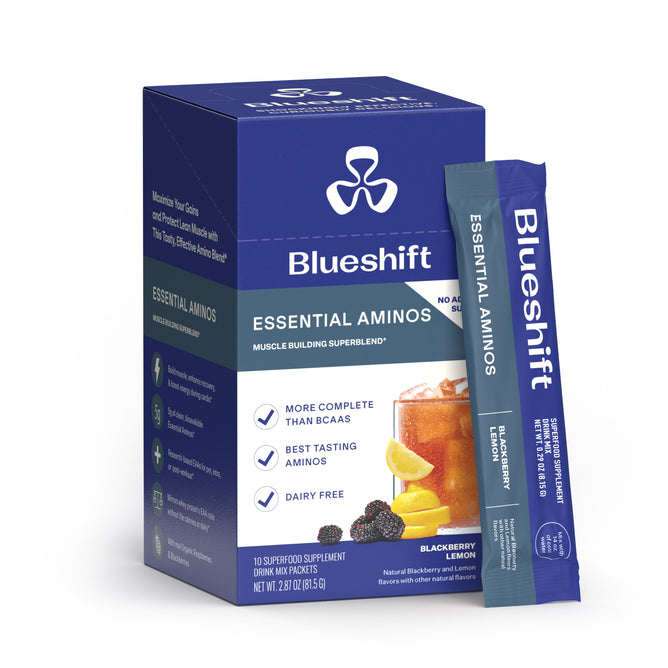 A box and stick pack of Blueshift Nutrition Essential Aminos in blackberry lemon flavor, featuring berries, a lemon wedge, and a yellow drink, highlights muscle recovery, dairy-free benefits, and great-tasting essential amino acids.