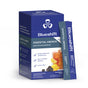 A box and stick pack of Blueshift Nutrition Essential Aminos in blackberry lemon flavor, featuring berries, a lemon wedge, and a yellow drink, highlights muscle recovery, dairy-free benefits, and great-tasting essential amino acids.