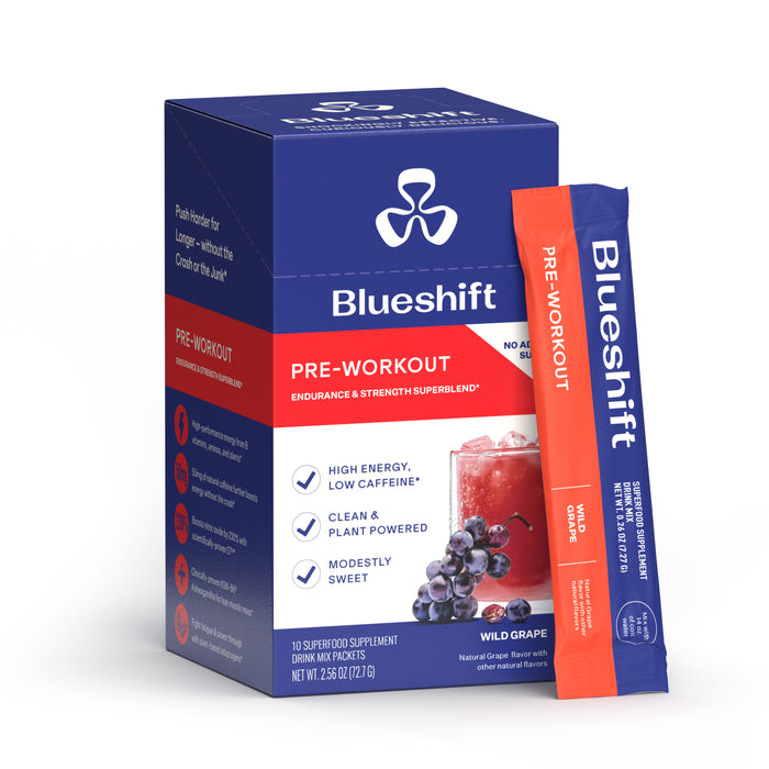 Blueshift Nutrition Pre-Workout in Wild Grape flavor features a box and stick pack, highlights clean energy, low caffeine, moderate sweetness, and has images of a grape drink—your go-to pre-workout supplement.
