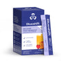A box of Blueshift Nutrition Recover Post-Workout sits beside a single drink mix packet. The blue and white packaging spotlights peach and tart cherry flavors, plus L-Glutamine to boost recovery and fight soreness after workouts.