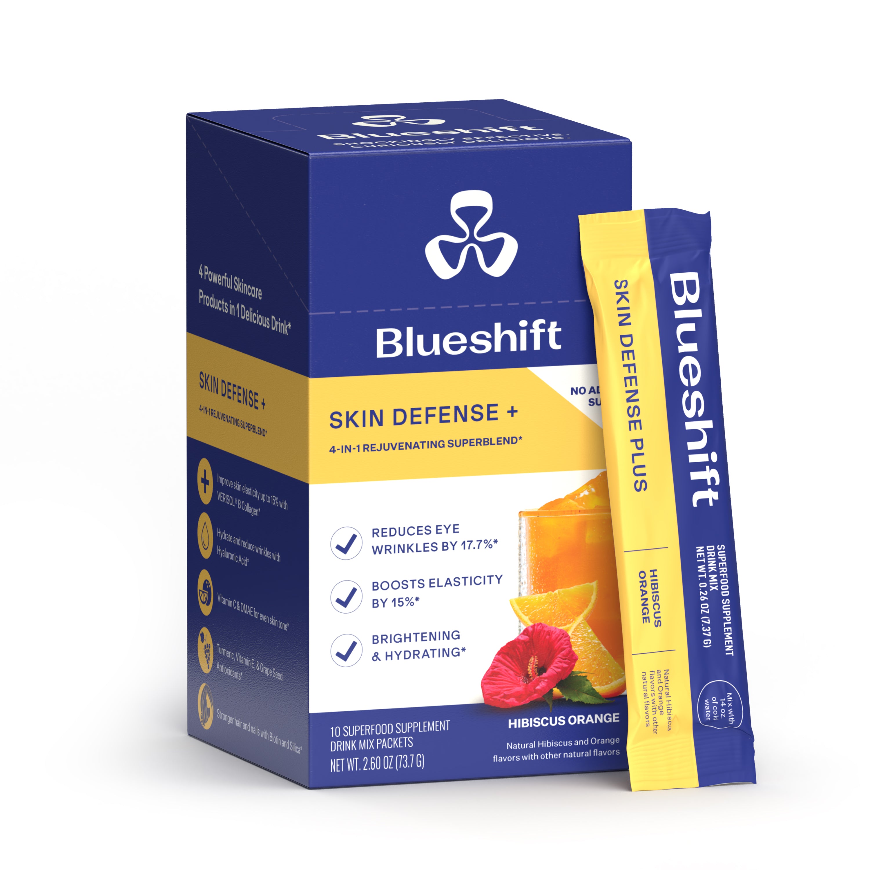A box and a stick packet of Blueshift Nutrition’s Skin Defense Plus, hibiscus orange flavor. With VERISOL® B Collagen, packaging highlights benefits for skin health, including fewer wrinkles, improved elasticity, and hydration.