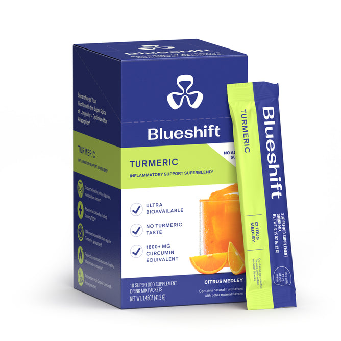 A box and single stick packet of Blueshift Nutrition Turmeric drink mix with blue and lime green packaging, featuring a glass of orange drink and slices, highlighting this supplement for joint support.