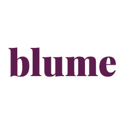 The word blume is written in bold, lowercase, dark purple serif font on a light gray background.