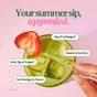 A hand holds a glass of iced green drink with a strawberry slice. Text highlights: 5g grass-fed collagen peptides, only 2g sugar, energy & focus, sweet & earthy. Heading: blume Strawberry Matcha Latte Powder with Collagen—your summer sip, upgraded.