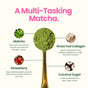 A gold spoon with antioxidant-rich Strawberry Matcha Latte Powder with Collagen by blume is centered, surrounded by labeled circles showing grass-fed collagen peptides, strawberries, and coconut sugar. Pink text: A Multi-Tasking Matcha Collagen Latte.