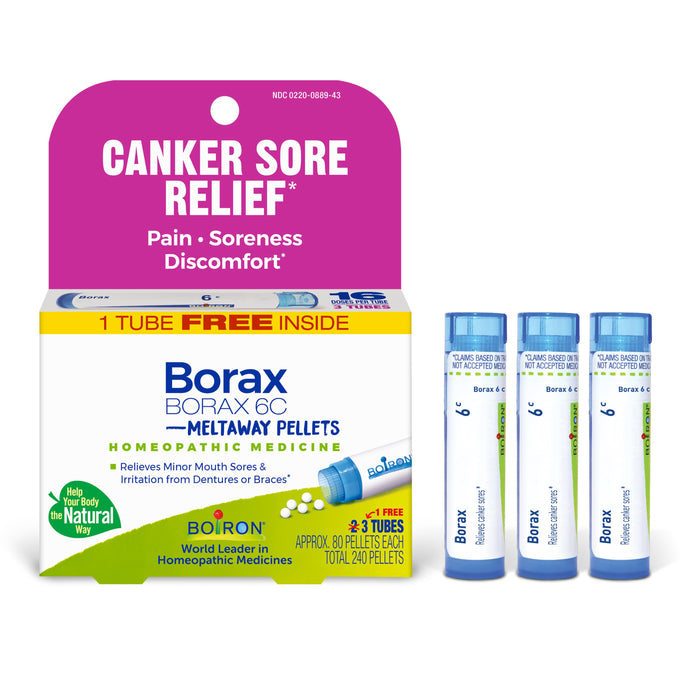 A box of Boiron Borax 6C Bonus Pack homeopathic meltaway pellets for canker sore, mouth, and gum irritation relief, featuring three blue tubes and packaging that notes pain relief and includes one free tube.