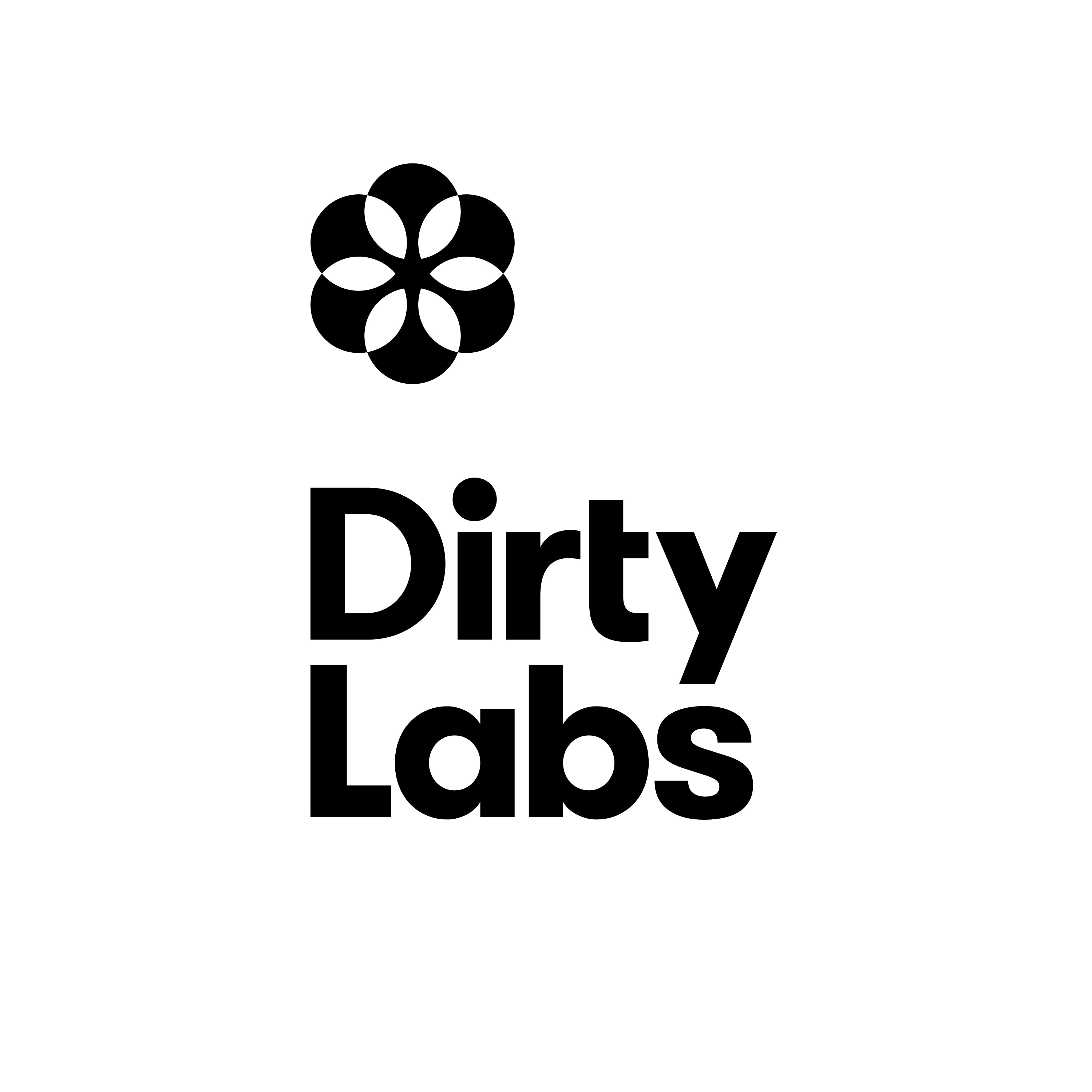 A black flower-shaped logo sits above the bold black text Dirty Labs on a white background.