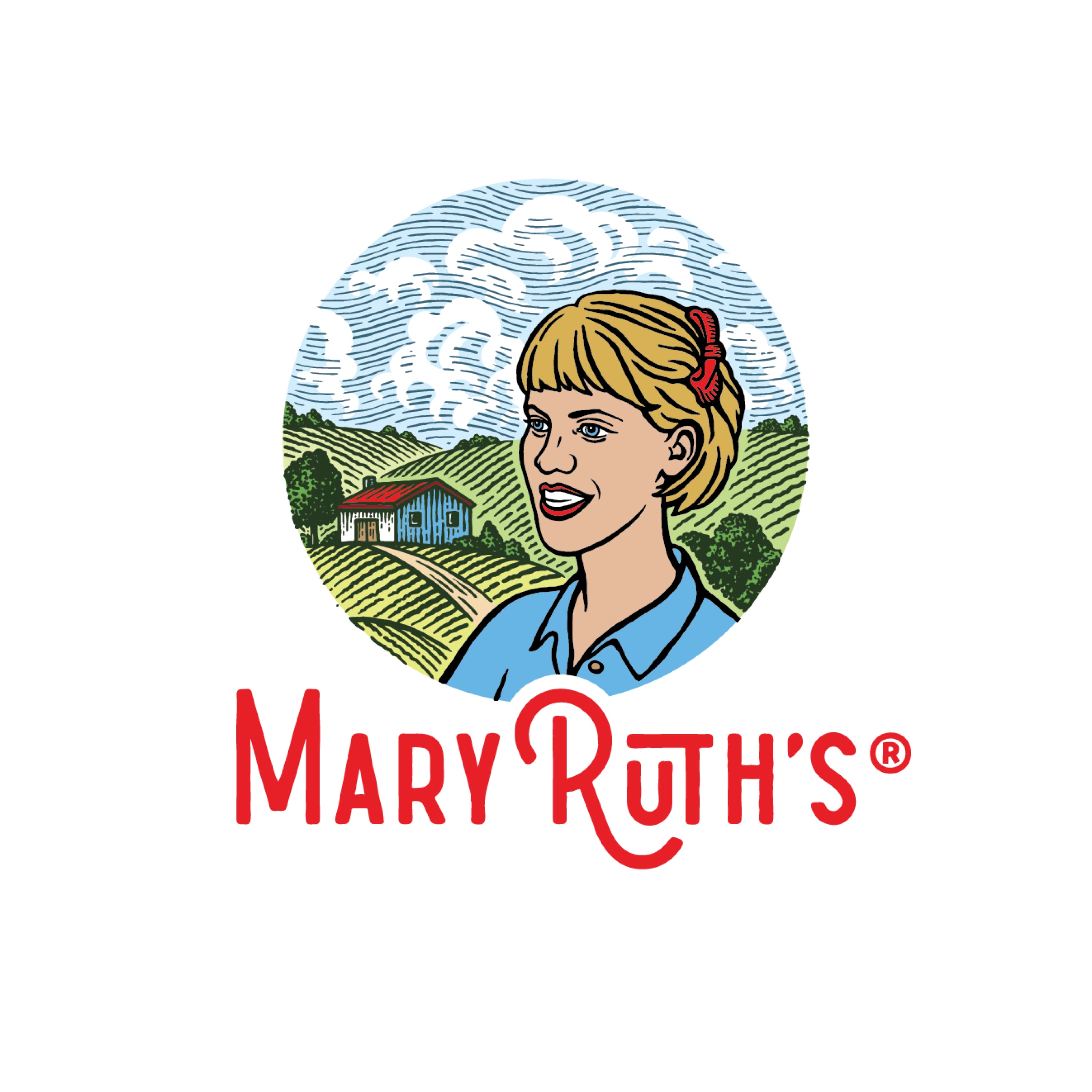 Illustrated logo featuring a smiling woman with blonde hair and a red bow, standing in front of green fields and a blue farmhouse under a cloudy sky. The text MaryRuths® appears below in red letters.