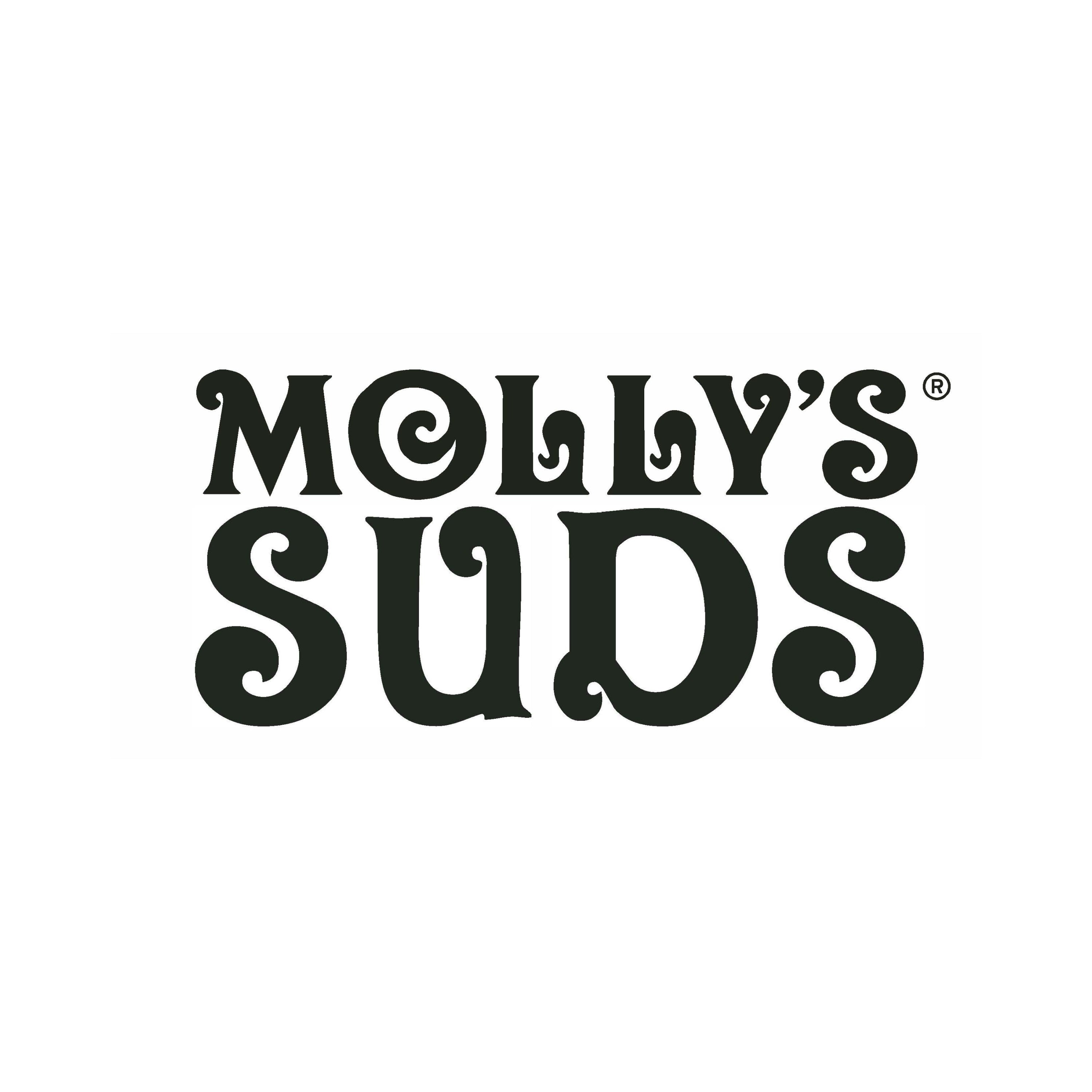 Black, whimsical text reads MOLLYS SUDS in all capital letters with playful, curly details on a white background.