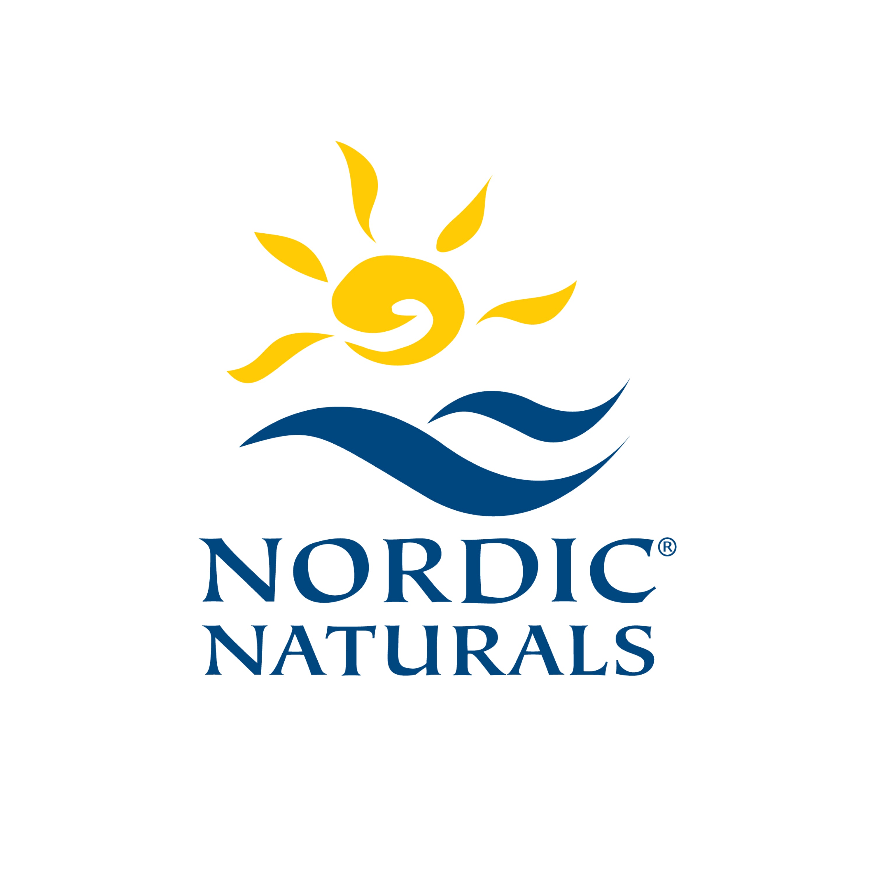 Nordic Naturals logo featuring a stylized yellow sun above blue ocean waves, with the words “NORDIC NATURALS” written below in bold blue capital letters on a white background.
