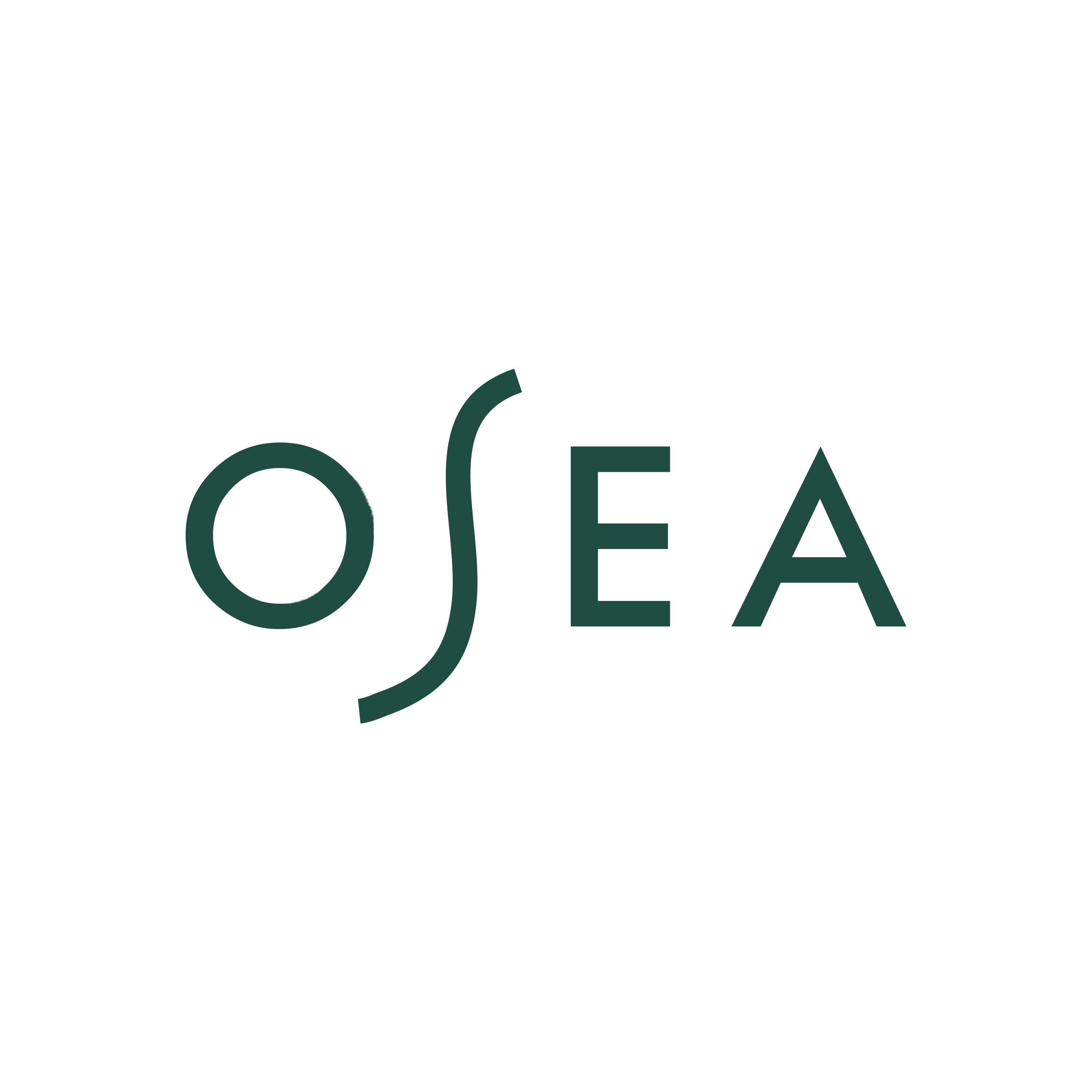 The image displays the word OSEA in dark green, minimalist, uppercase letters on a white background. The letter S is stylized with a wavy shape, resembling a flowing line.