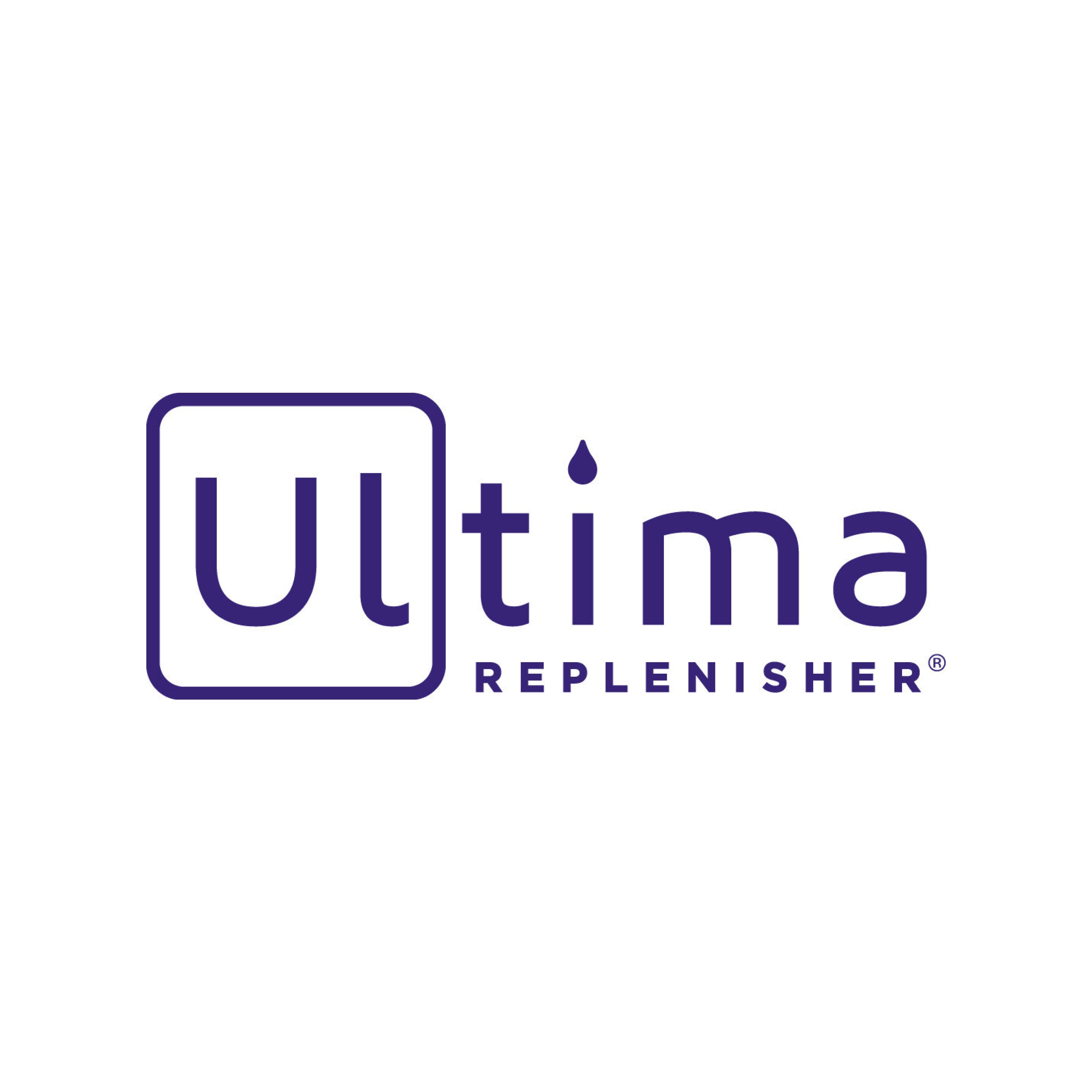 Logo for Ultima Replenisher. The word “Ultima” is in dark purple, with the U inside a rounded square and a water droplet above the i. “Replenisher” is written below in uppercase letters.