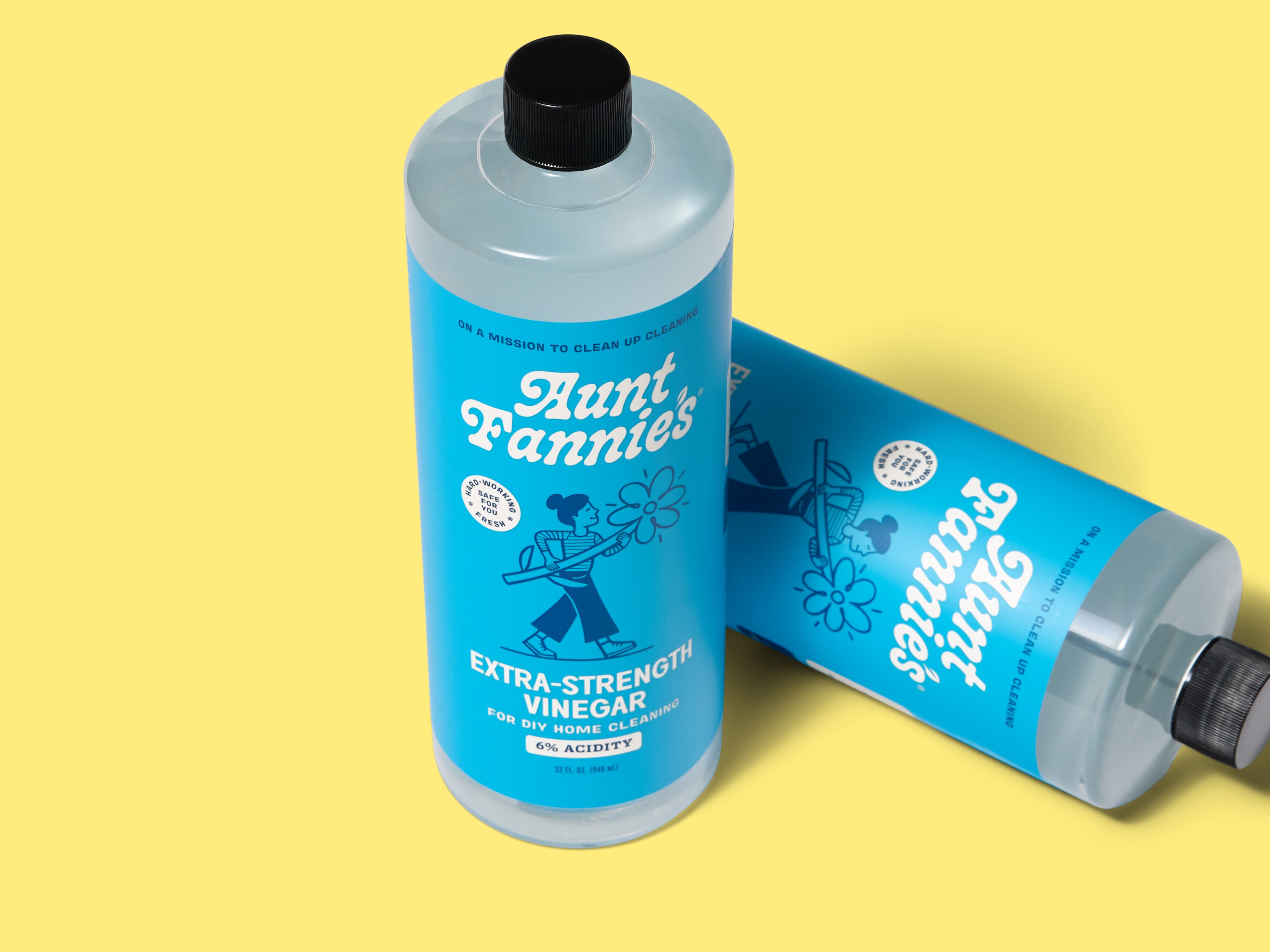 Two bottles of Hunt Fannie’s Extra-Strength Vinegar with blue labels are displayed on a yellow background, one standing upright and the other lying down, showing the front and top of the bottles.