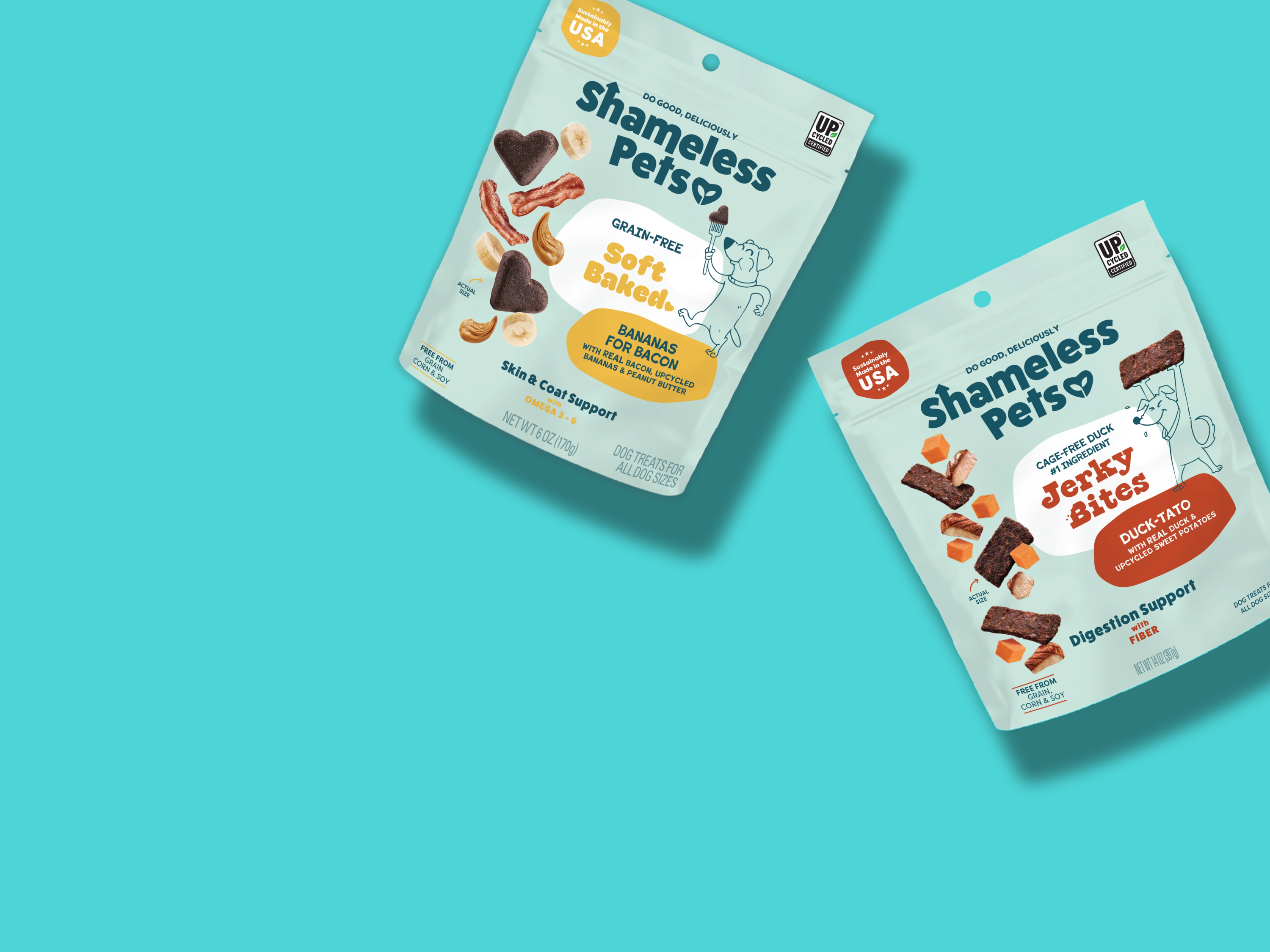 Two bags of Shameless Pets dog treats, one labeled Soft Baked with bacon flavor, and the other Jerky Bites with duck flavor, are displayed on a bright turquoise background.