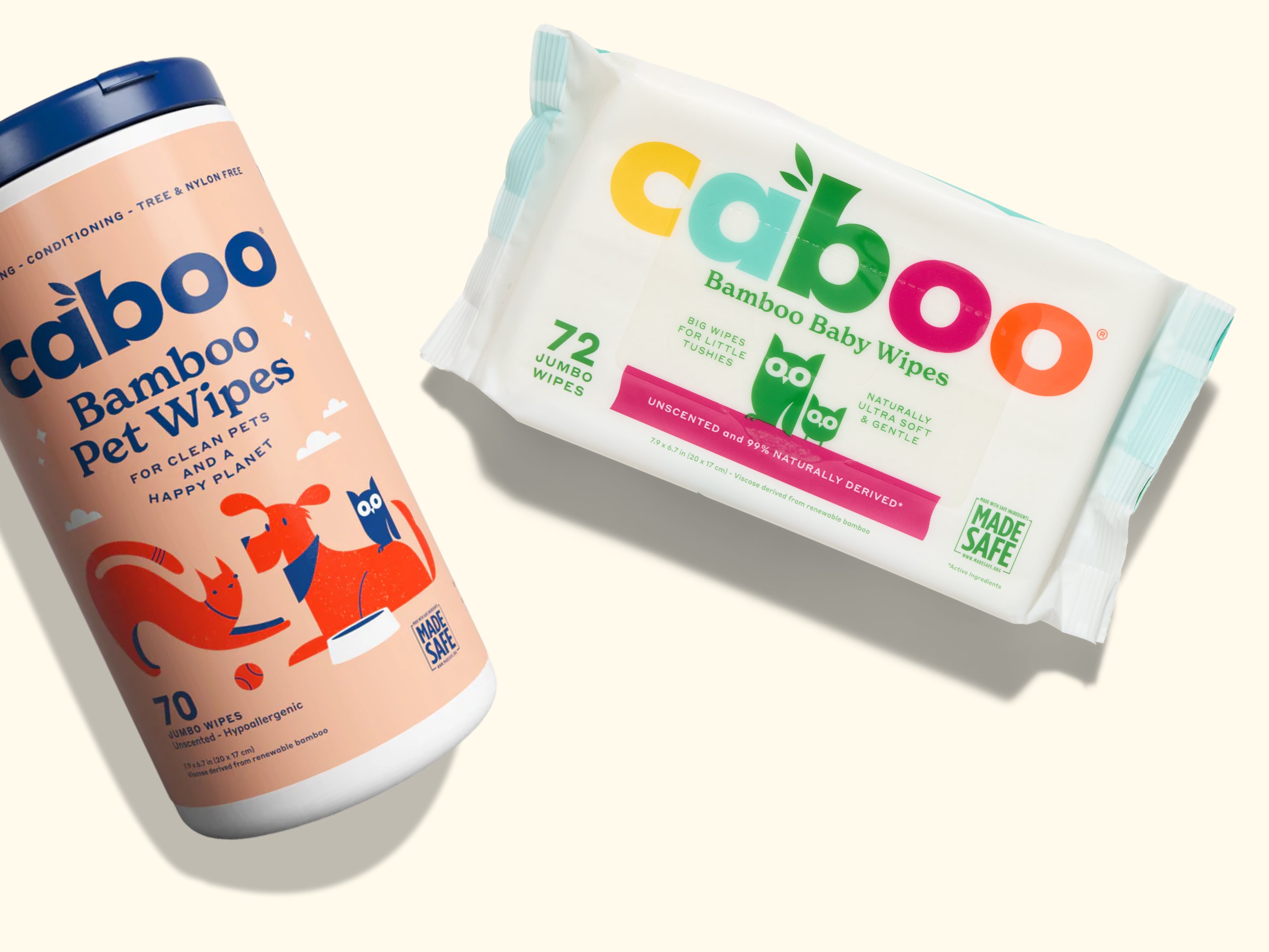 Two packages of Caboo bamboo wipes on a light background: one cylindrical container labeled Bamboo Pet Wipes and one rectangular pack labeled Bamboo Baby Wipes. Both packages feature playful animal illustrations.