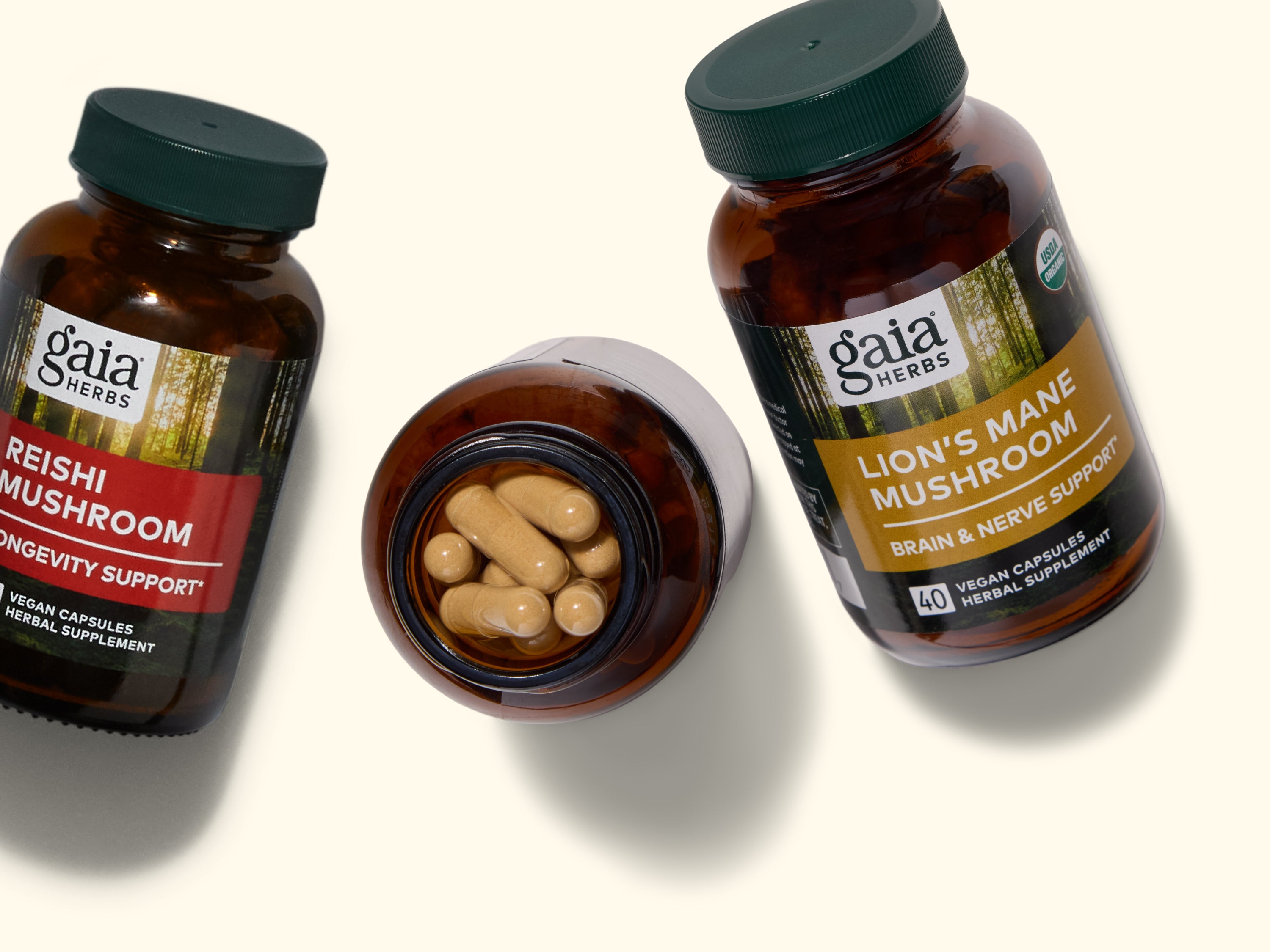 Three Gaia Herbs supplement bottles are shown, labeled Reishi Mushroom and Lions Mane Mushroom. One bottle is open, displaying several tan capsules inside. The bottles are arranged on a light surface.