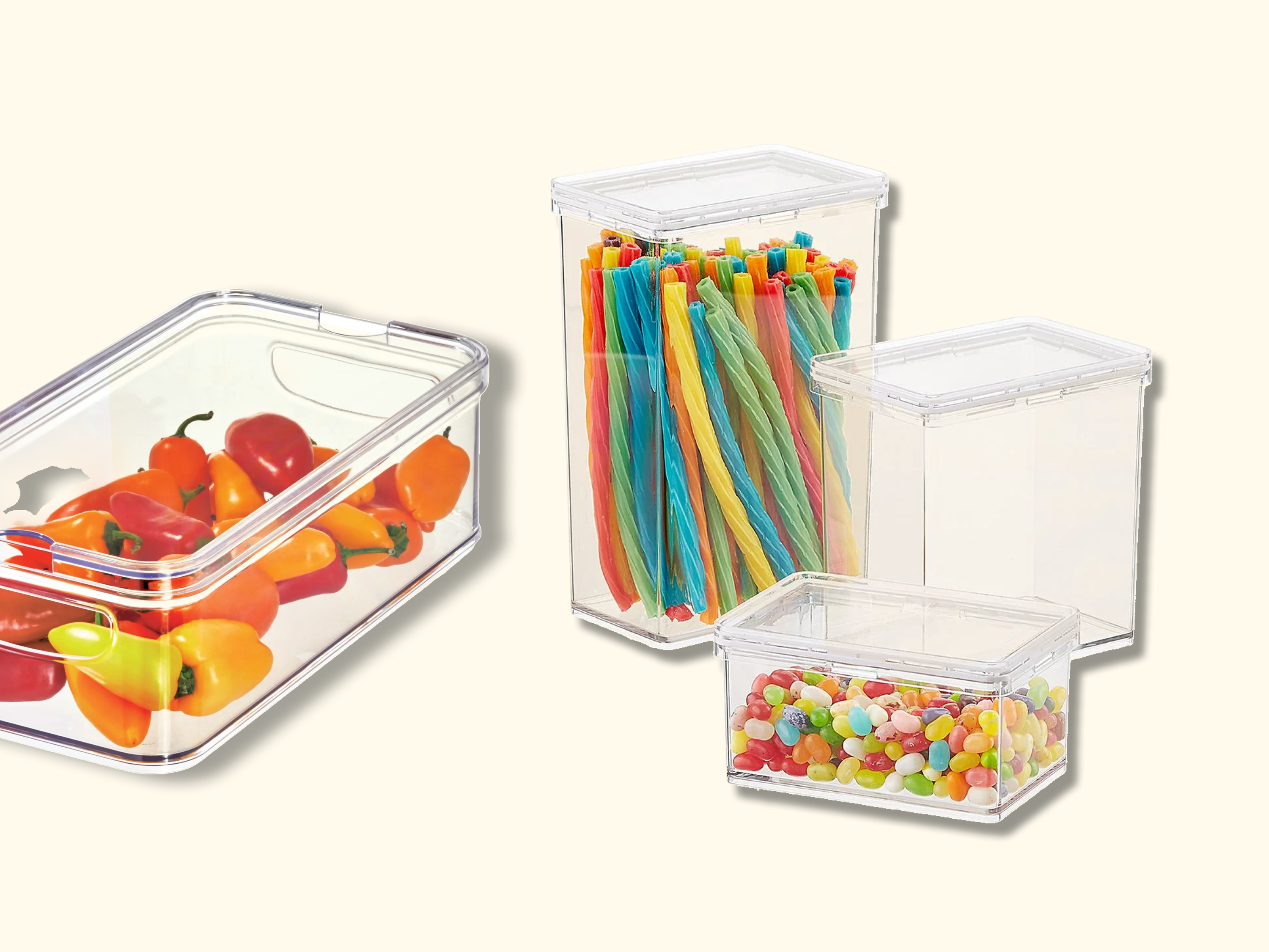 Four clear plastic containers filled with colorful items: one with mini bell peppers, one with rainbow pasta, one with jellybeans, and one empty, all set against a light background.