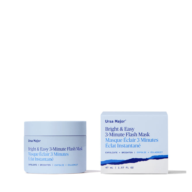A light blue jar and matching box of Ursa Major Bright and Easy Flash Mask, a natural enzyme facial mask, with the product name and details in blue text on a white background.