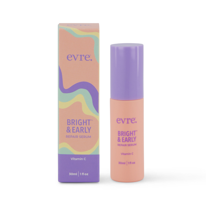 The evre. Bright & Early Vitamin C Repair Serum is a skin brightening formula in a 30ml bottle, featuring pastel peach, purple, and mint green packaging with a wavy design, crafted for skincare use.