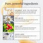 An infographic titled “Pure, powerful ingredients” lists ascorbic acid polypeptide, edelweiss, rose hip, and aspen bark—found in Ursa Major’s Brighten Up Vitamin C Serum—for hydration and brightening against a light background with serum drops.