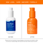 Side-by-side image shows Ursa Majors Brighten Up Vitamin C Serum in previous white-and-blue packaging on the left and updated orange packaging on the right; text above says, New look, same featherweight hydration.