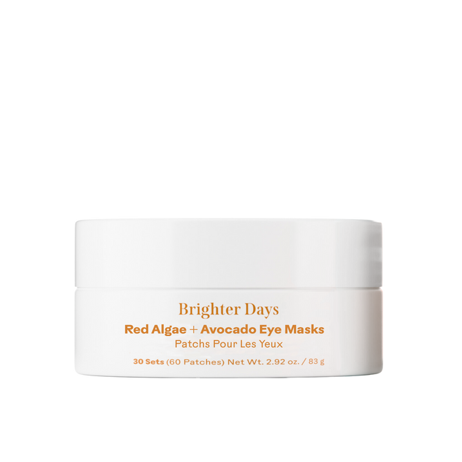 A white Three Ships container labeled "Brighter Days Red Algae + Avocado Eye Mask" holds 30 sets to depuff under-eyes and brighten dark circles, shown against a plain white background.