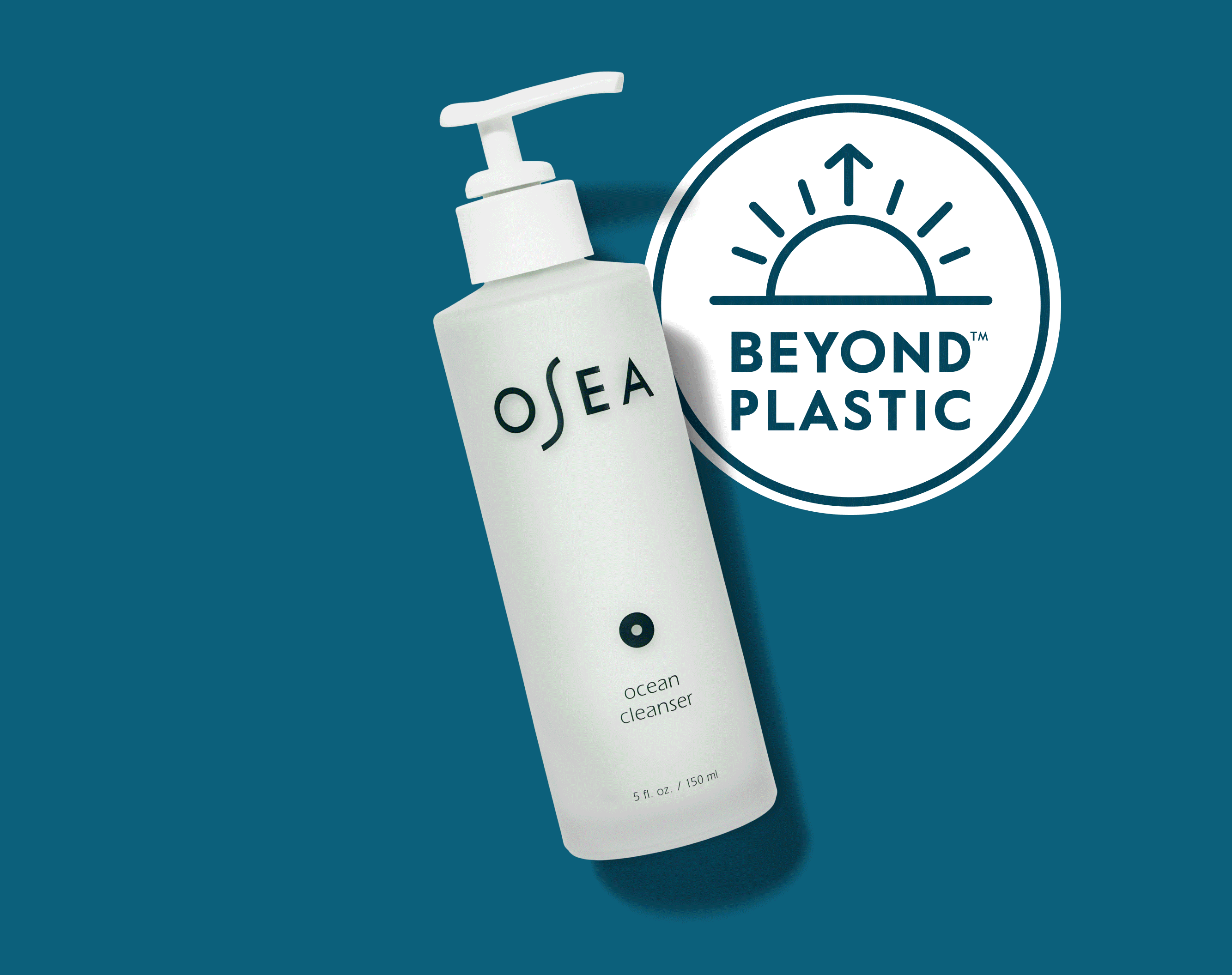 A white pump bottle labeled OSEA Ocean Cleanser is displayed on a teal background next to a circular Beyond Plastic logo with a sun and waves graphic.