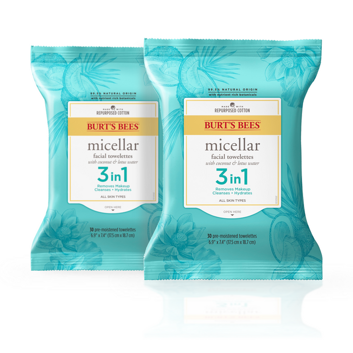 Two aqua blue packs of Burt's Bees Buy One, Get One Free – Micellar Cleansing Towelettes are shown side by side on a white background.