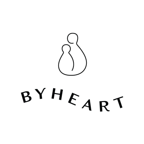 Minimalist line drawing of two abstract figures, one smaller and one larger, resembling a parent and child. Below them, the word BYHEART is written in bold, curved black letters.