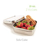 The EcoLunchBox Solo Cube - Stainless Steel Sandwich Container holds 21 oz. (2 1/3 cups). Shown filled with strawberries and two sandwich pieces, lid beside. Ideal as a reusable sandwich box for meals on the go.