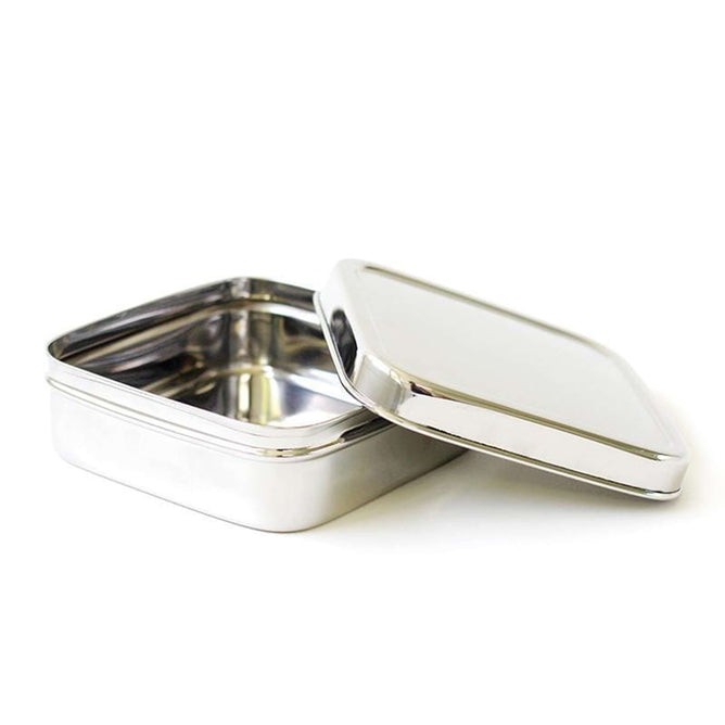 The EcoLunchBox Solo Cube - Stainless Steel Sandwich Container is pictured with its lid partially open, revealing the empty, shiny interior against a white background.