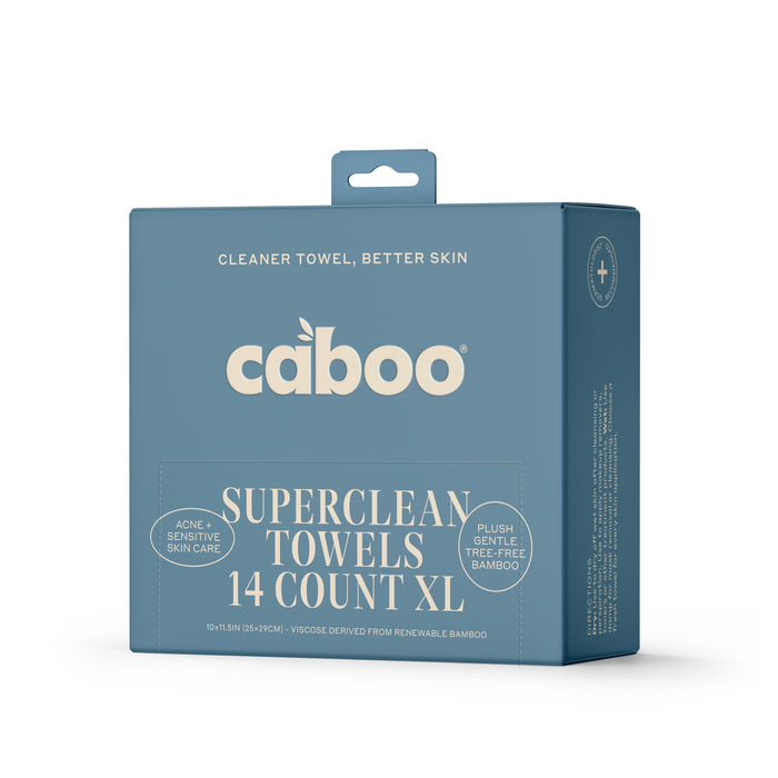 A blue box of Caboo Superclean Towels, 14 XL count: plush, gentle dry wipes made from renewable bamboo—tree-free and ideal for acne-prone or sensitive skin, perfect for makeup removal and daily freshness.