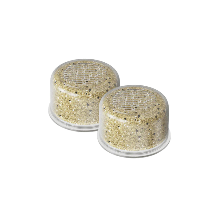 Two Canopy Showerhead Filter capsules (2 pack) are shown side by side on a white background, each filled with beige granules, designed to eliminate contaminants and provide effective water purification.