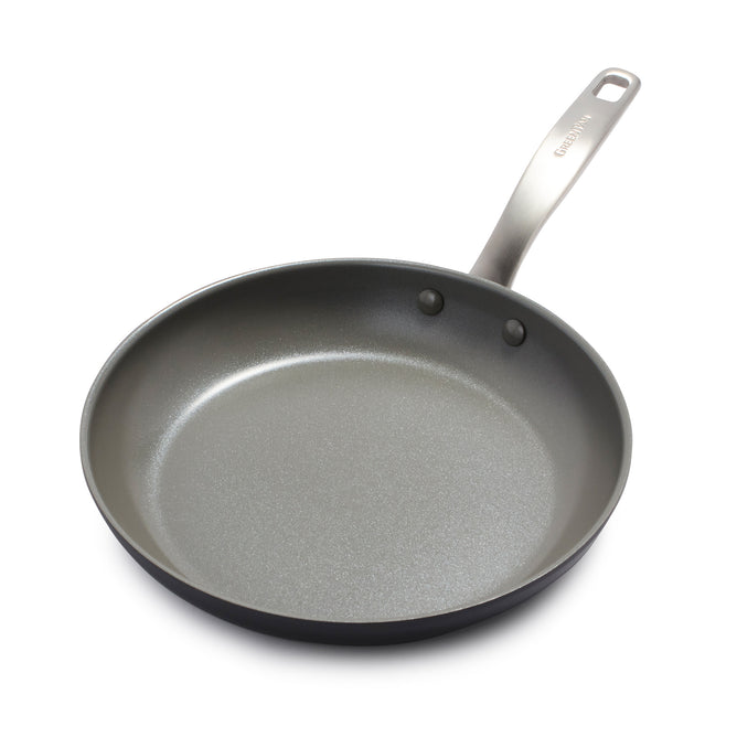 The GreenPan Chatham Open Frypan, 10 in, is displayed on a white background with a silver metal handle, smooth gray ceramic nonstick interior, hard anodized aluminum construction, and a slightly flared rim. PFAS-free.