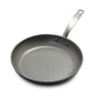 The GreenPan Chatham Open Frypan, 10 in, is displayed on a white background with a silver metal handle, smooth gray ceramic nonstick interior, hard anodized aluminum construction, and a slightly flared rim. PFAS-free.