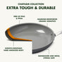The GreenPan Chatham Open Frypan, 10 in, is a gray ceramic nonstick pan with an orange interior, featuring PFAS-free, diamond-reinforced coating, a scratch-resistant hard anodized aluminum body, and is dishwasher and metal utensil safe.