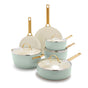 The GreenPan Reserve Ceramic Nonstick 10-Piece Cookware Set features pastel green pots and pans with gold handles, white interiors, and glass lids. Includes two frying pans, three lidded saucepans, and a stockpot—all PFAS-free.