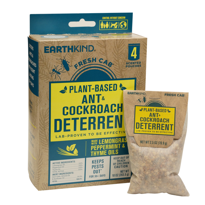 A box and pouch of Earthkind Stay Away® Ant & Roach Deterrent, a no-kill solution made with lemongrass, peppermint, and thyme oils. The packaging is mostly brown with green and yellow accents highlighting key details.