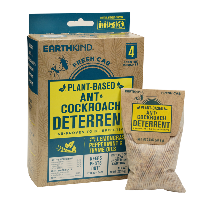 A box and pouch of Earthkind Stay Away® Ant & Roach Deterrent, a no-kill solution made with lemongrass, peppermint, and thyme oils. The packaging is mostly brown with green and yellow accents highlighting key details.