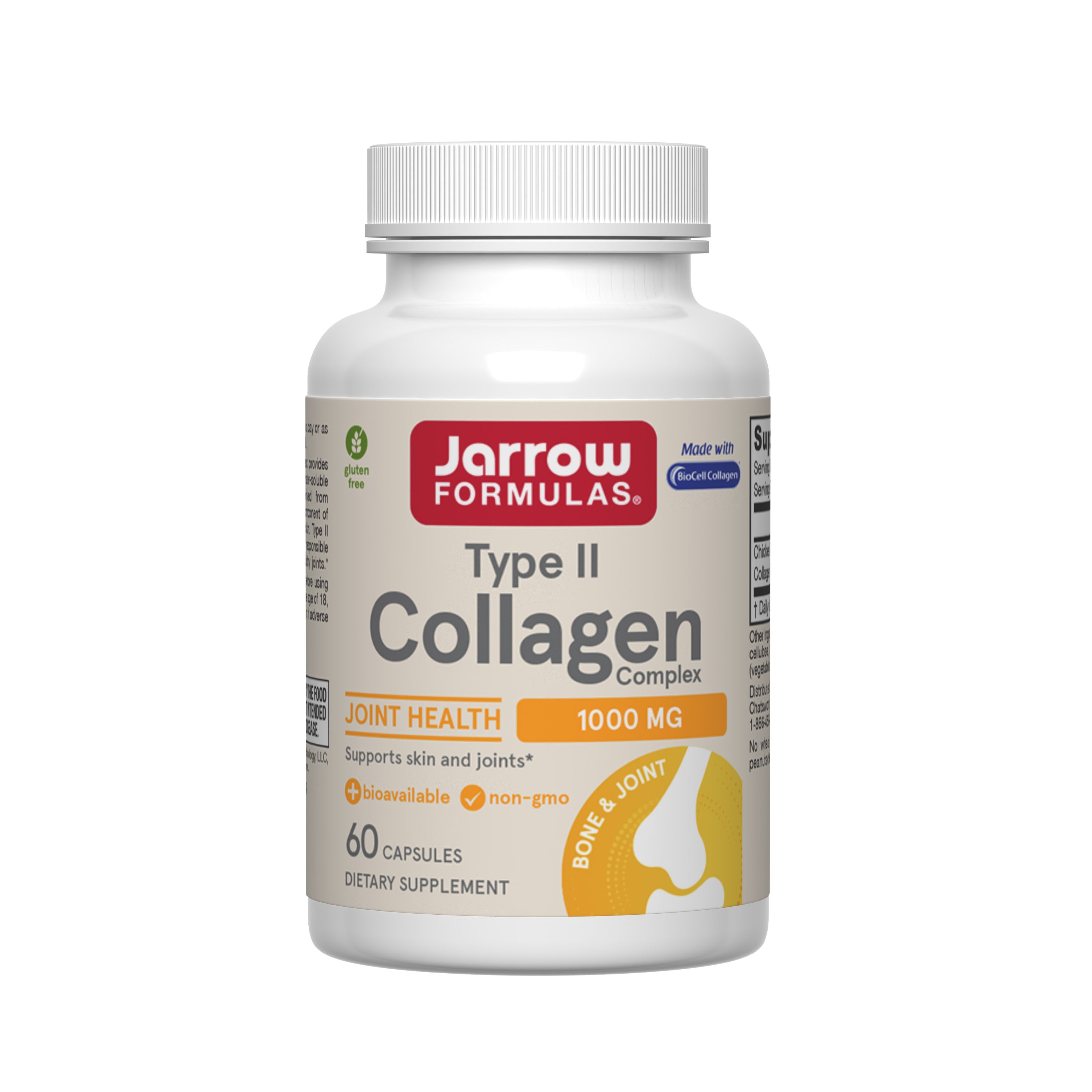 Jarrow Type II Collagen Complex 1000mg, 60 capsules with BioCell Collagen supports bone and joint health. Each serving provides 1000mg for joint support.