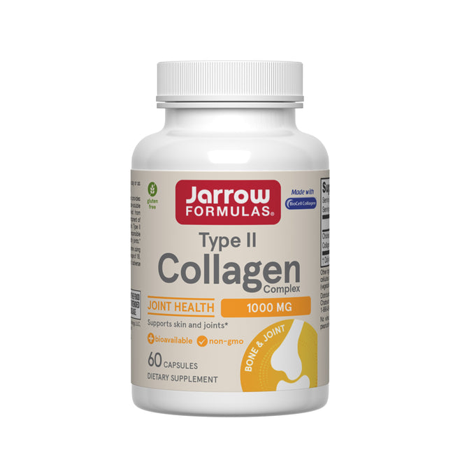 Jarrow Type II Collagen Complex 1000mg, 60 capsules with BioCell Collagen supports bone and joint health. Each serving provides 1000mg for joint support.
